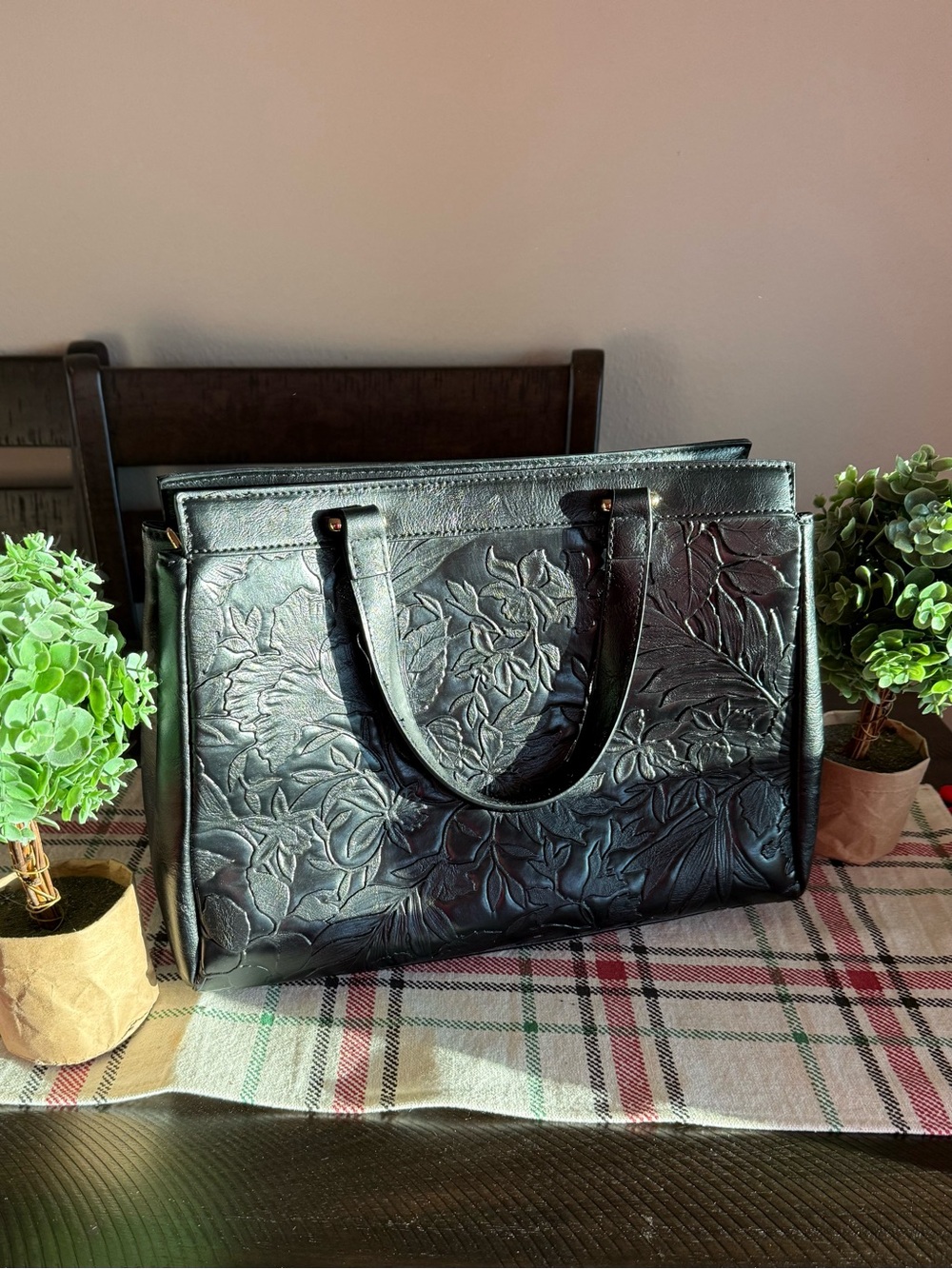 Embossed Floral Tote Bag - Black